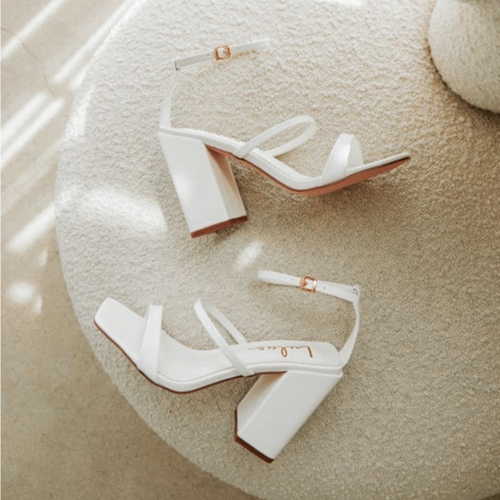 Lulu’s Mabie White Ankle Strap High Heel Sandals